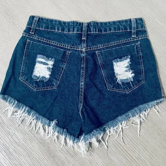 New Hocchi Brazil Jean Shorts High Rise Women’s 8 Raw Hem Distressed Denim Blue - Picture 3 of 9